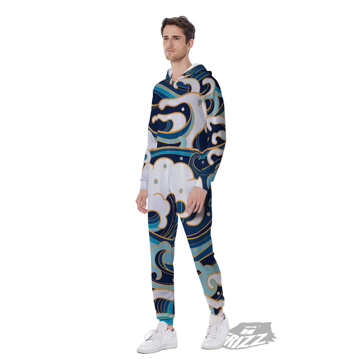Ocean Wave Print Men's Jumpsuit-grizzshop