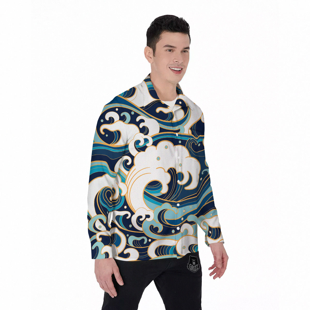 Ocean Wave Print Men's Long Sleeve Shirts-grizzshop