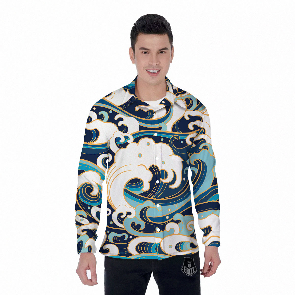 Ocean Wave Print Men's Long Sleeve Shirts-grizzshop