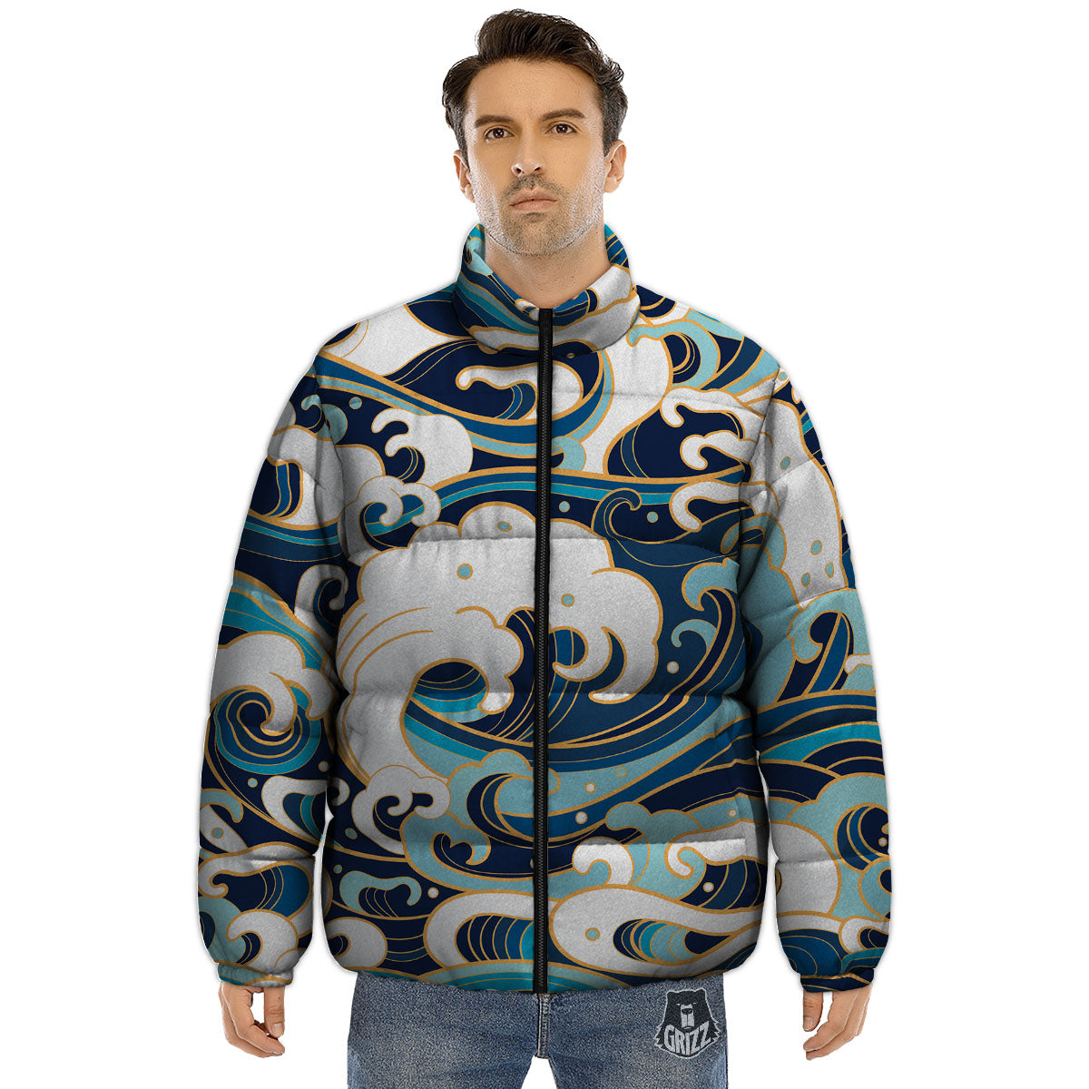 Ocean Wave Print Puffer Jacket-grizzshop
