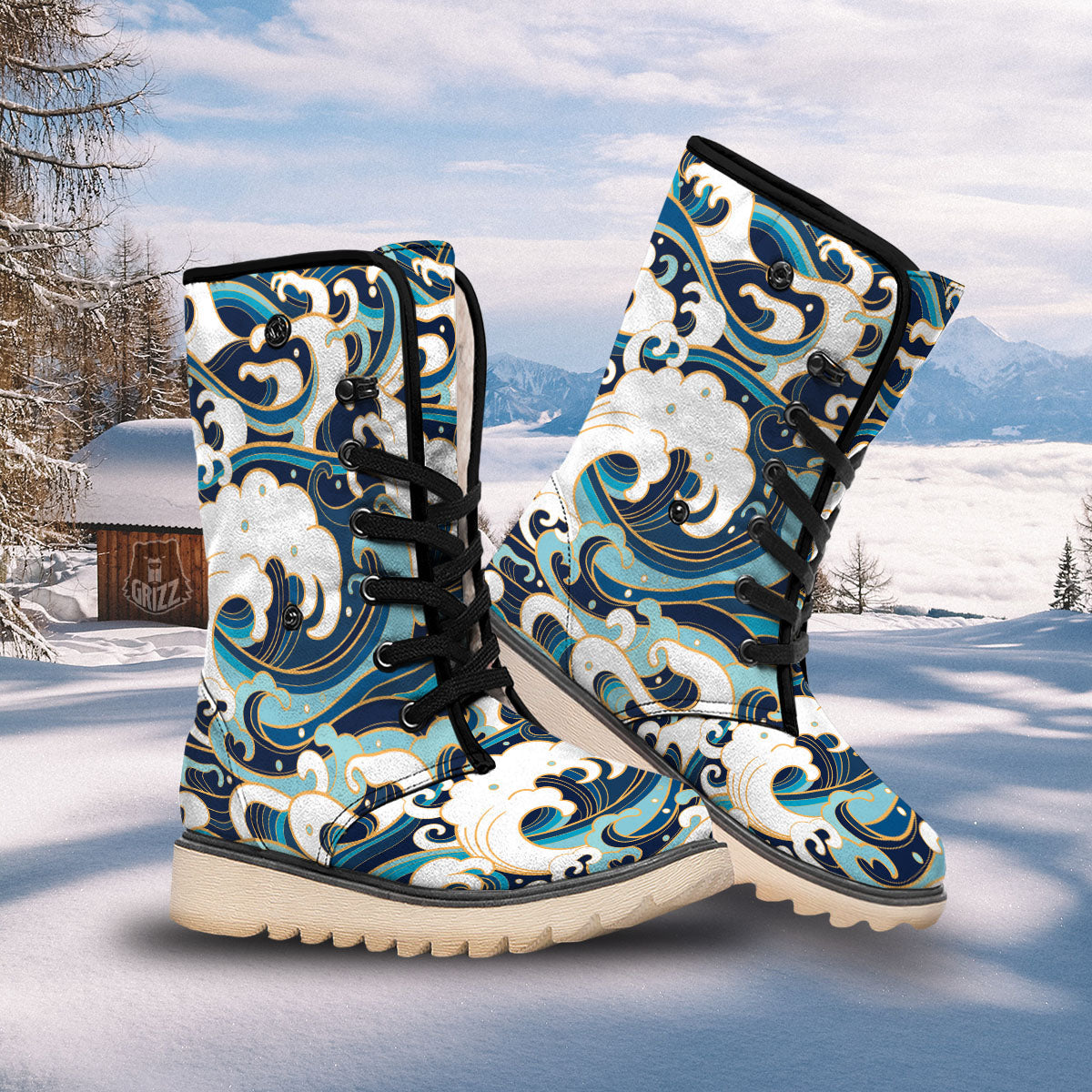 Ocean Wave Print Snow Boots-grizzshop