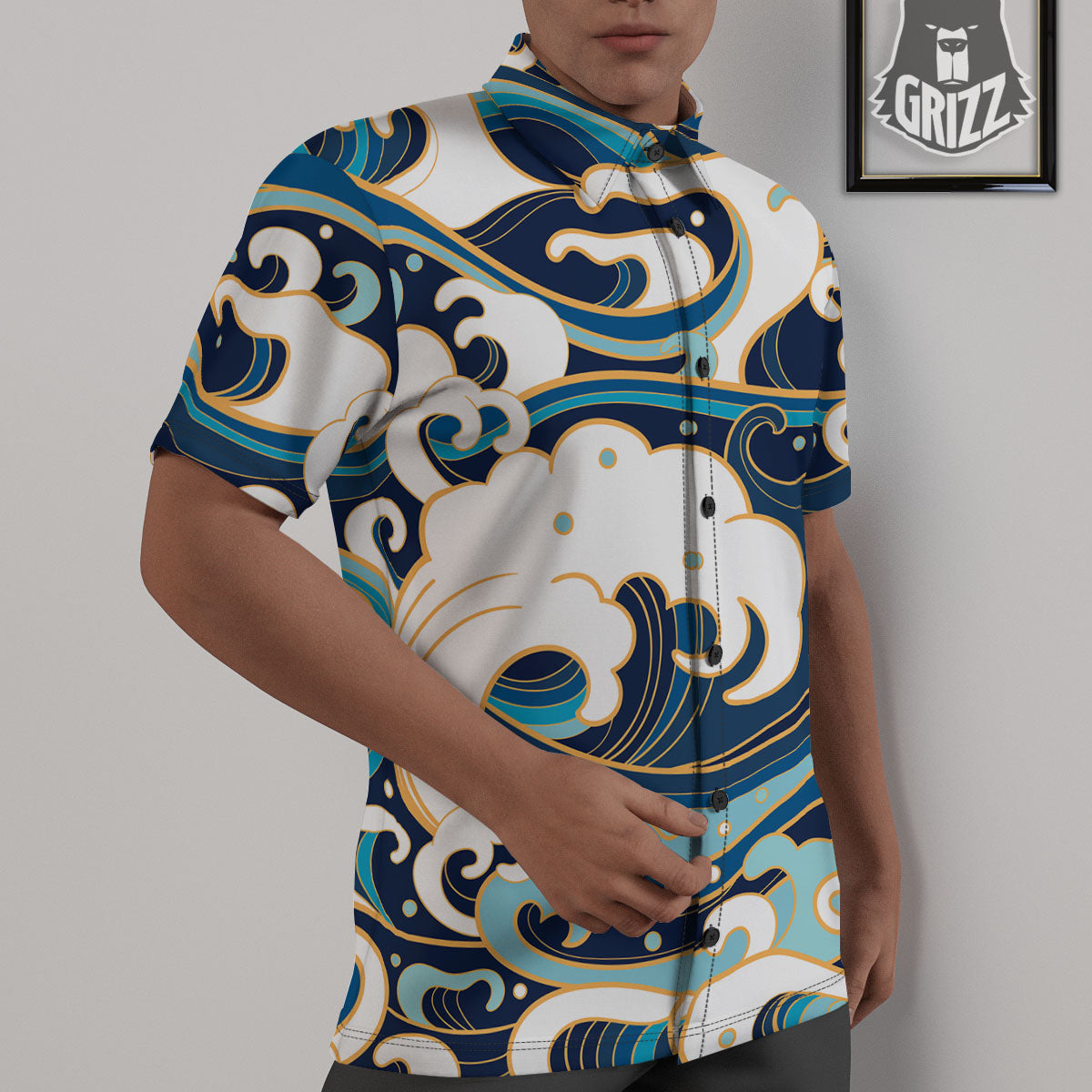 Ocean Wave Print Untucked Shirts-grizzshop