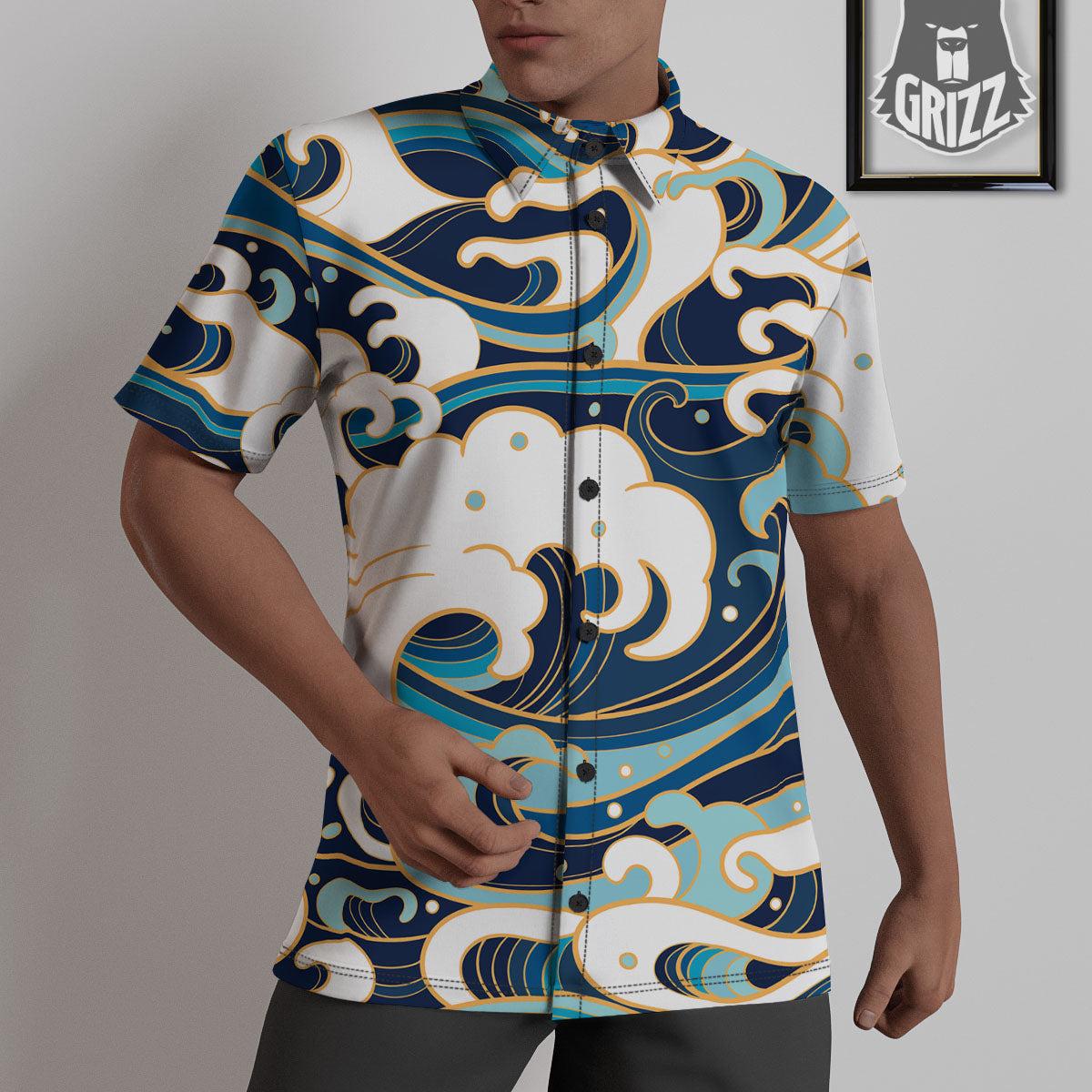 Ocean Wave Print Untucked Shirts-grizzshop