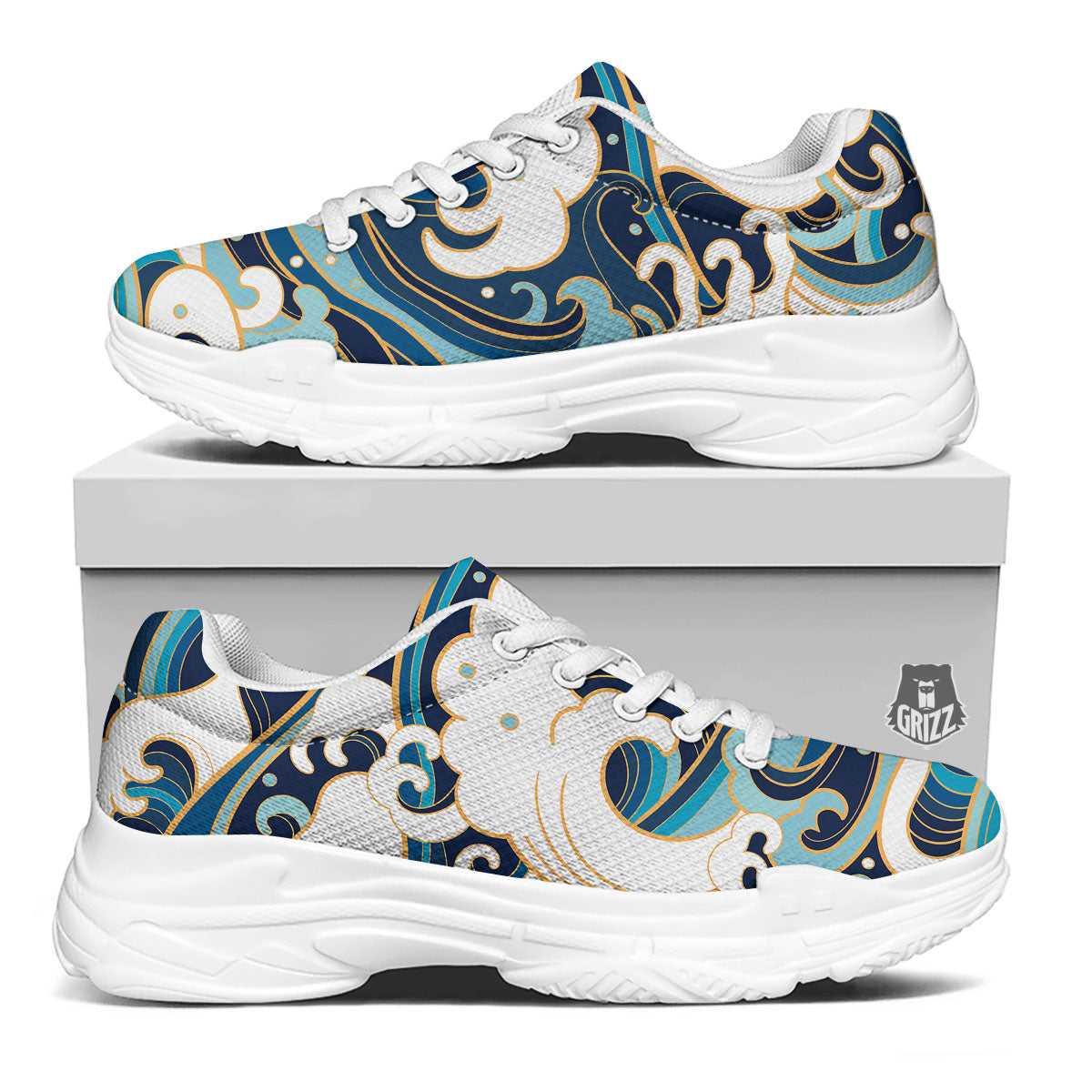 Ocean Wave Print White Chunky Shoes-grizzshop