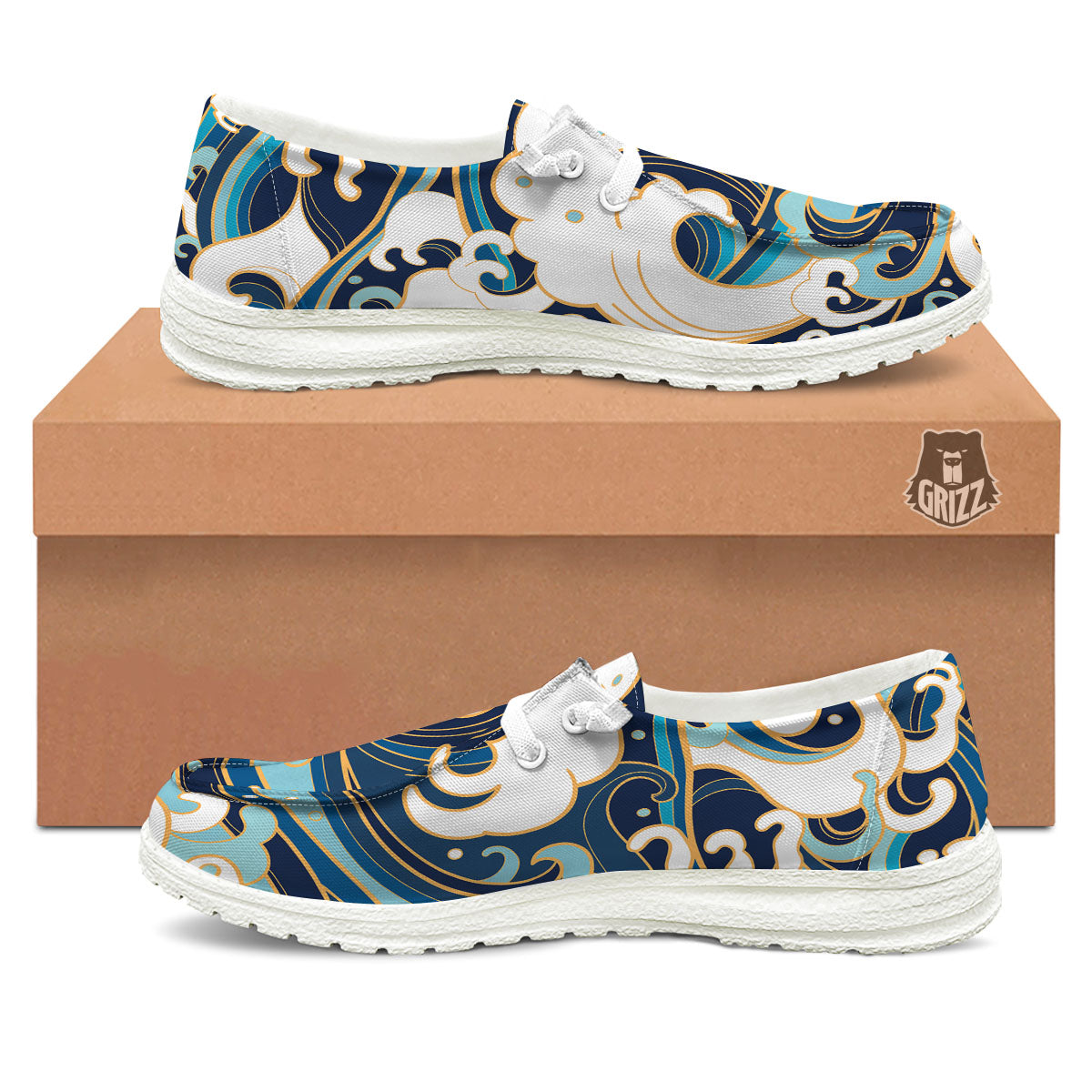Ocean Wave Print White Loafers-grizzshop