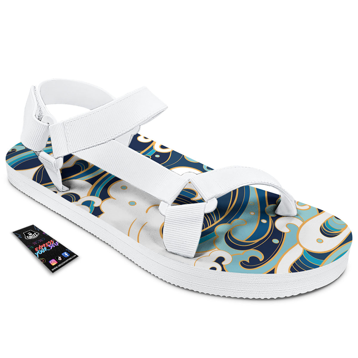 Ocean Wave Print White Open Toe Sandals-grizzshop