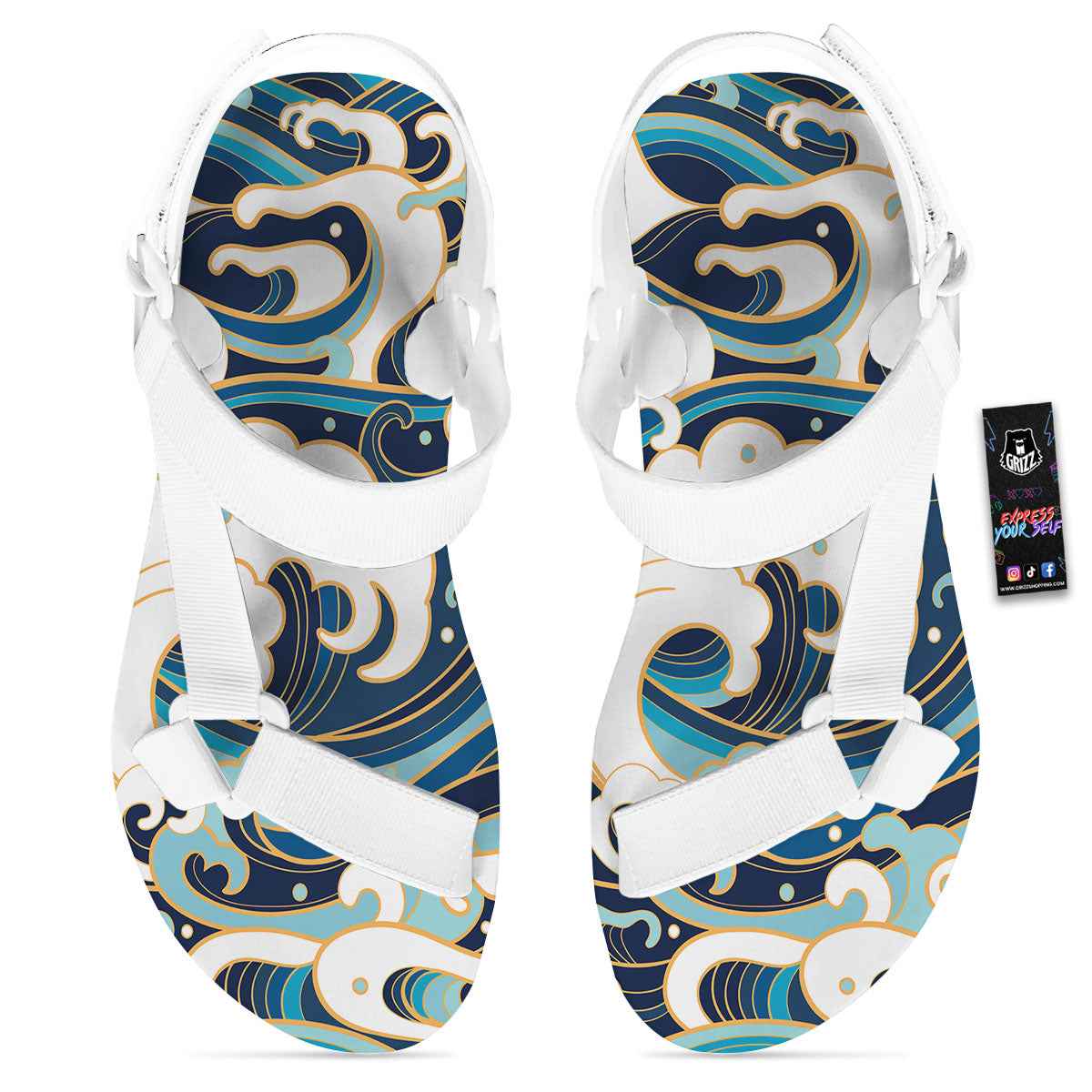 Ocean Wave Print White Open Toe Sandals-grizzshop