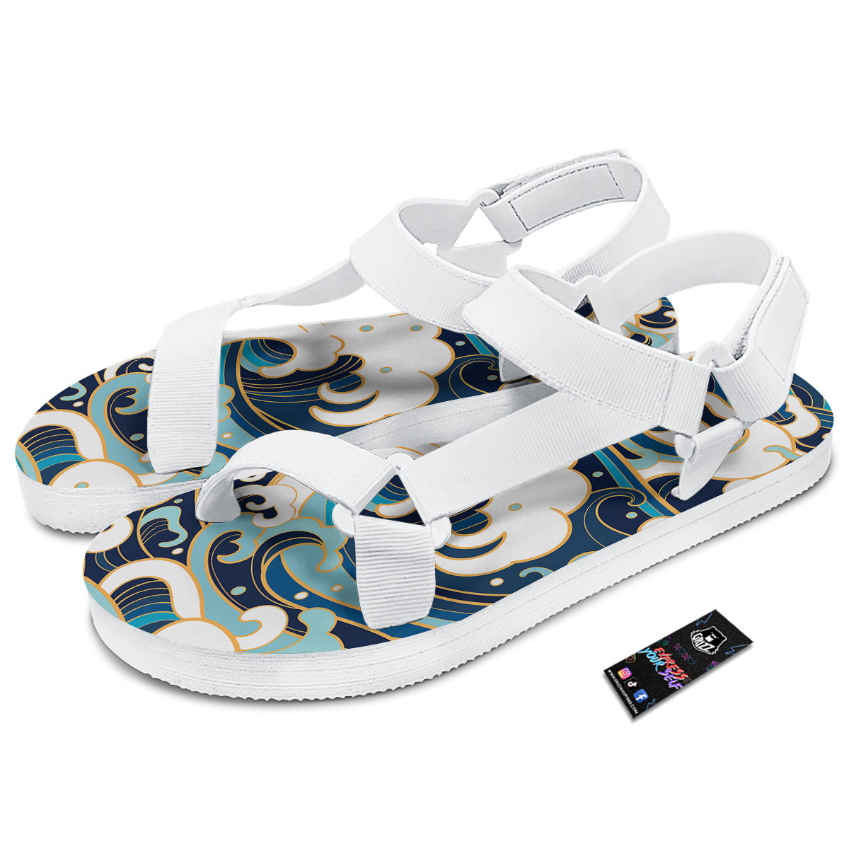 Ocean Wave Print White Open Toe Sandals-grizzshop