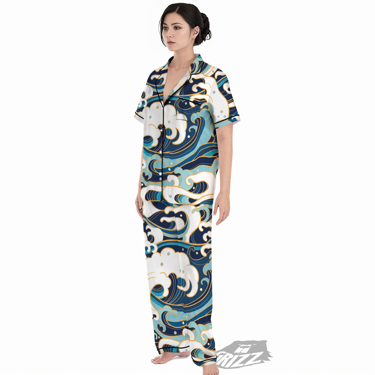 Ocean Wave Print Women's Pajamas Set-grizzshop