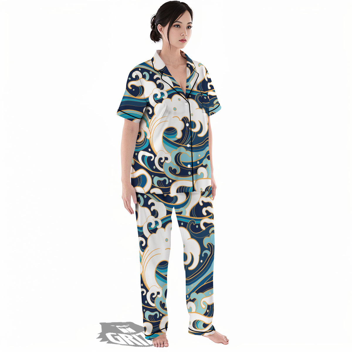 Ocean Wave Print Women's Pajamas Set-grizzshop