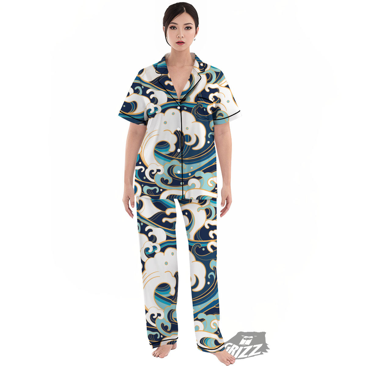 Ocean Wave Print Women's Pajamas Set-grizzshop