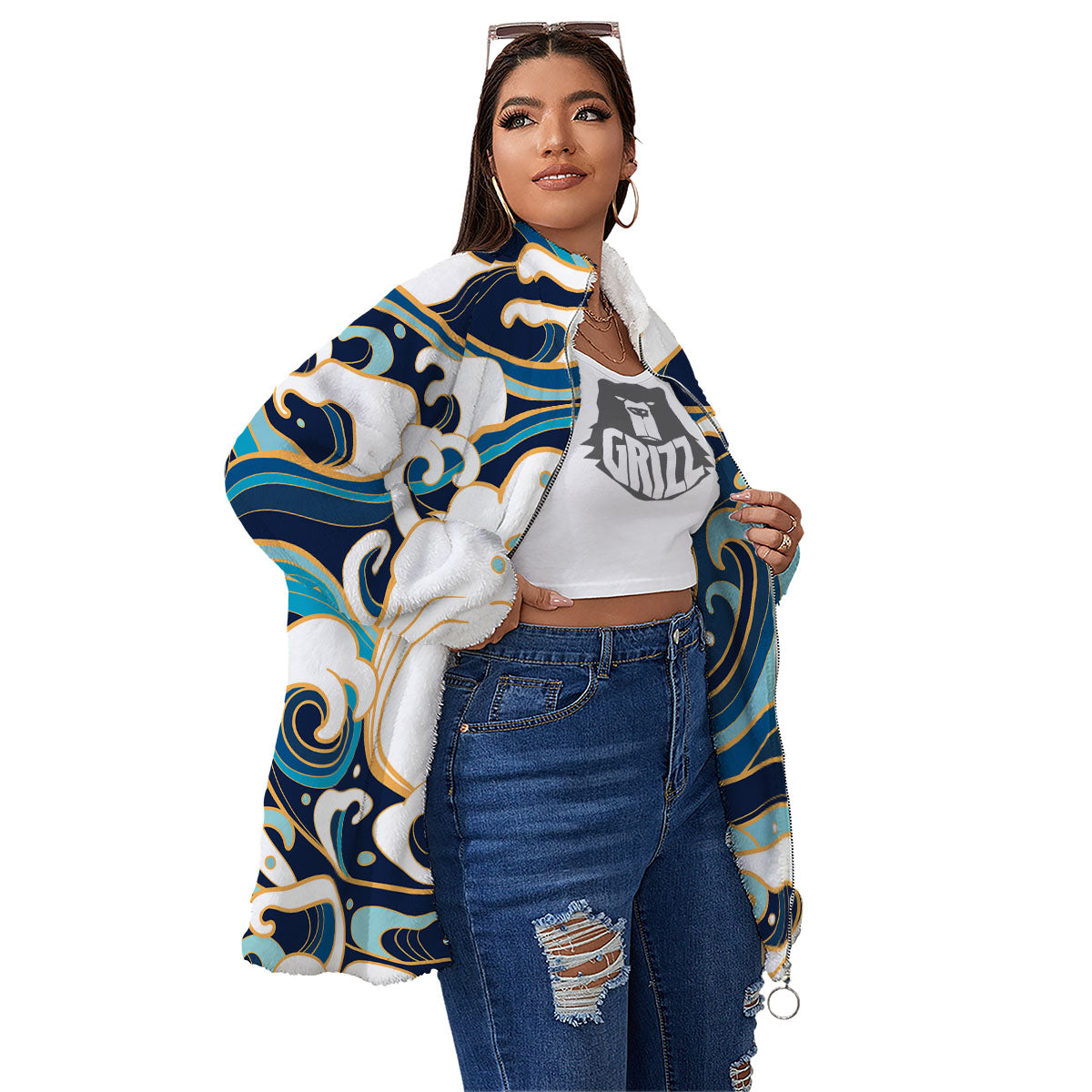 Ocean Wave Print Women's Sherpa Jacket-grizzshop