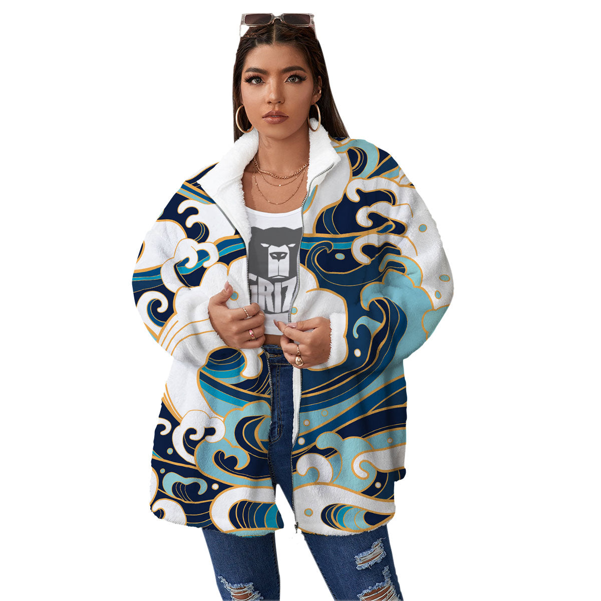 Ocean Wave Print Women's Sherpa Jacket-grizzshop