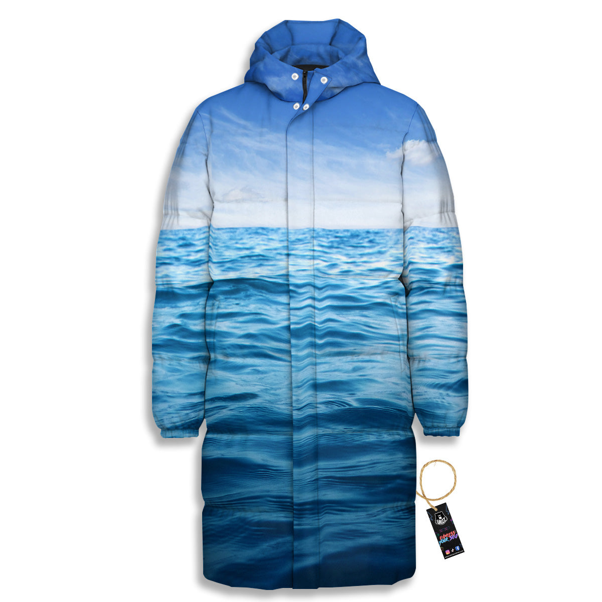 Ocean Blue Print Long Down Jacket