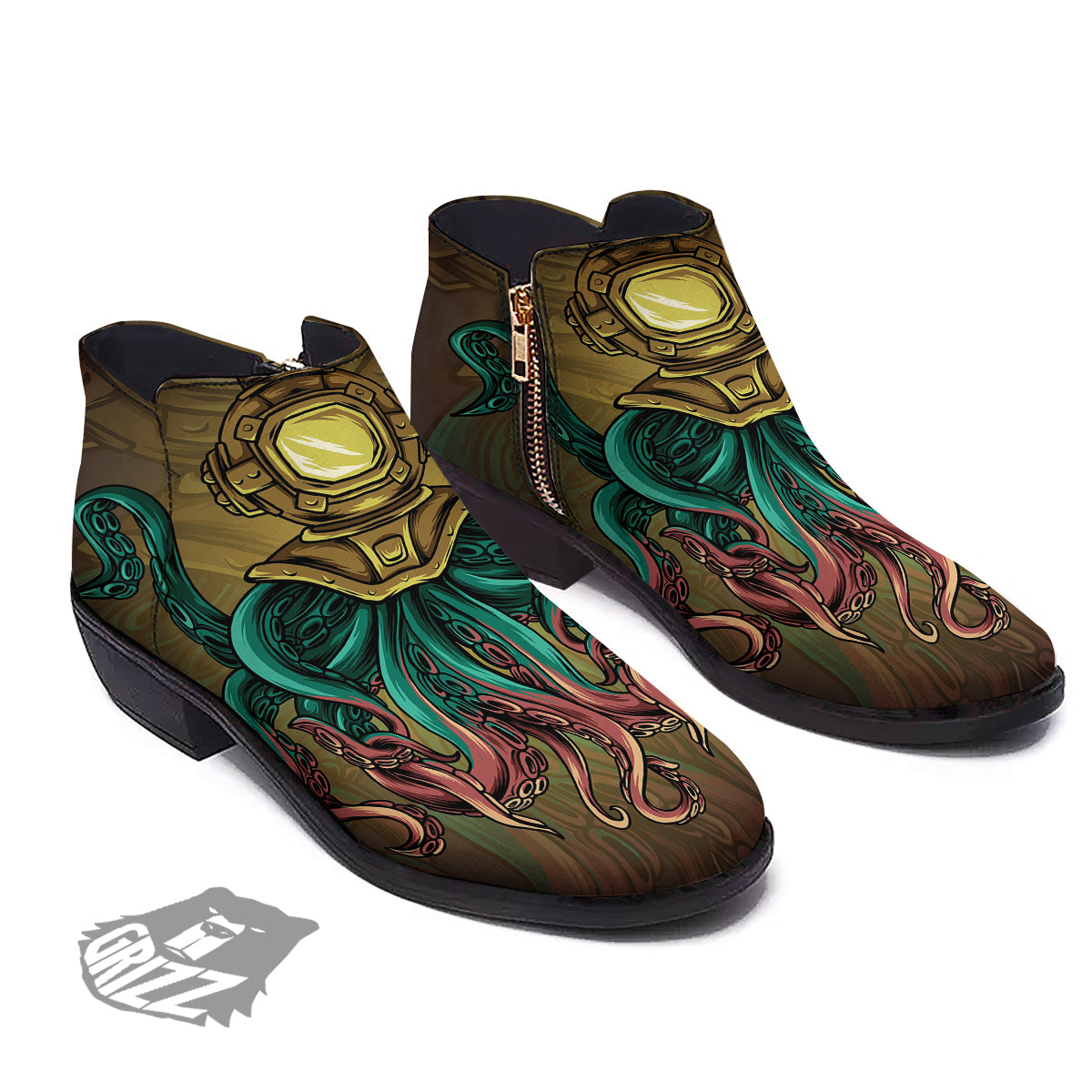 Octopus And Diving Helmet Print Ankle Boots-grizzshop