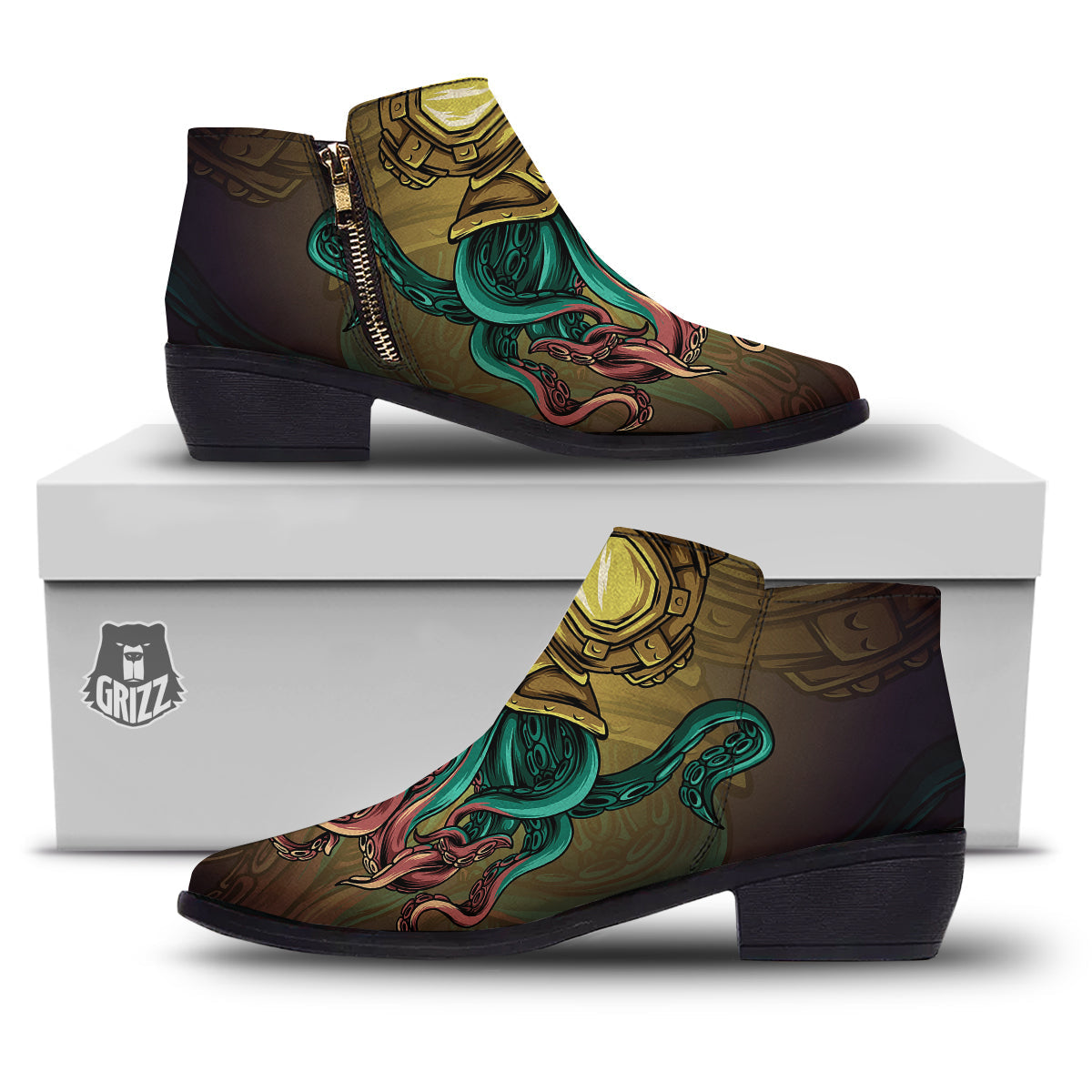 Octopus And Diving Helmet Print Ankle Boots-grizzshop