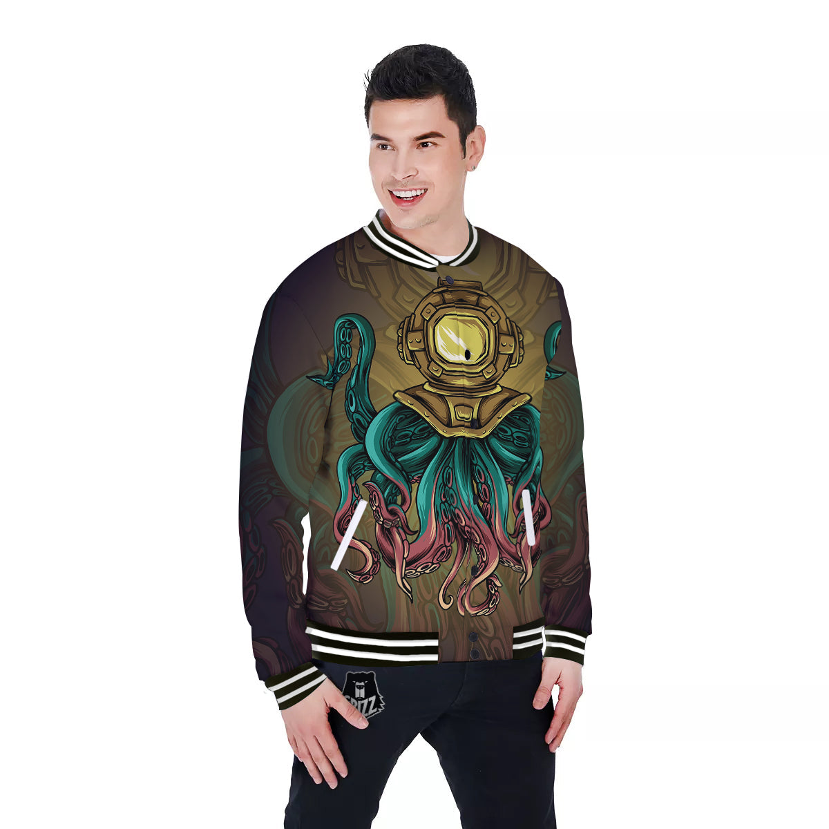 Octopus And Diving Helmet Print Baseball Jacket-grizzshop