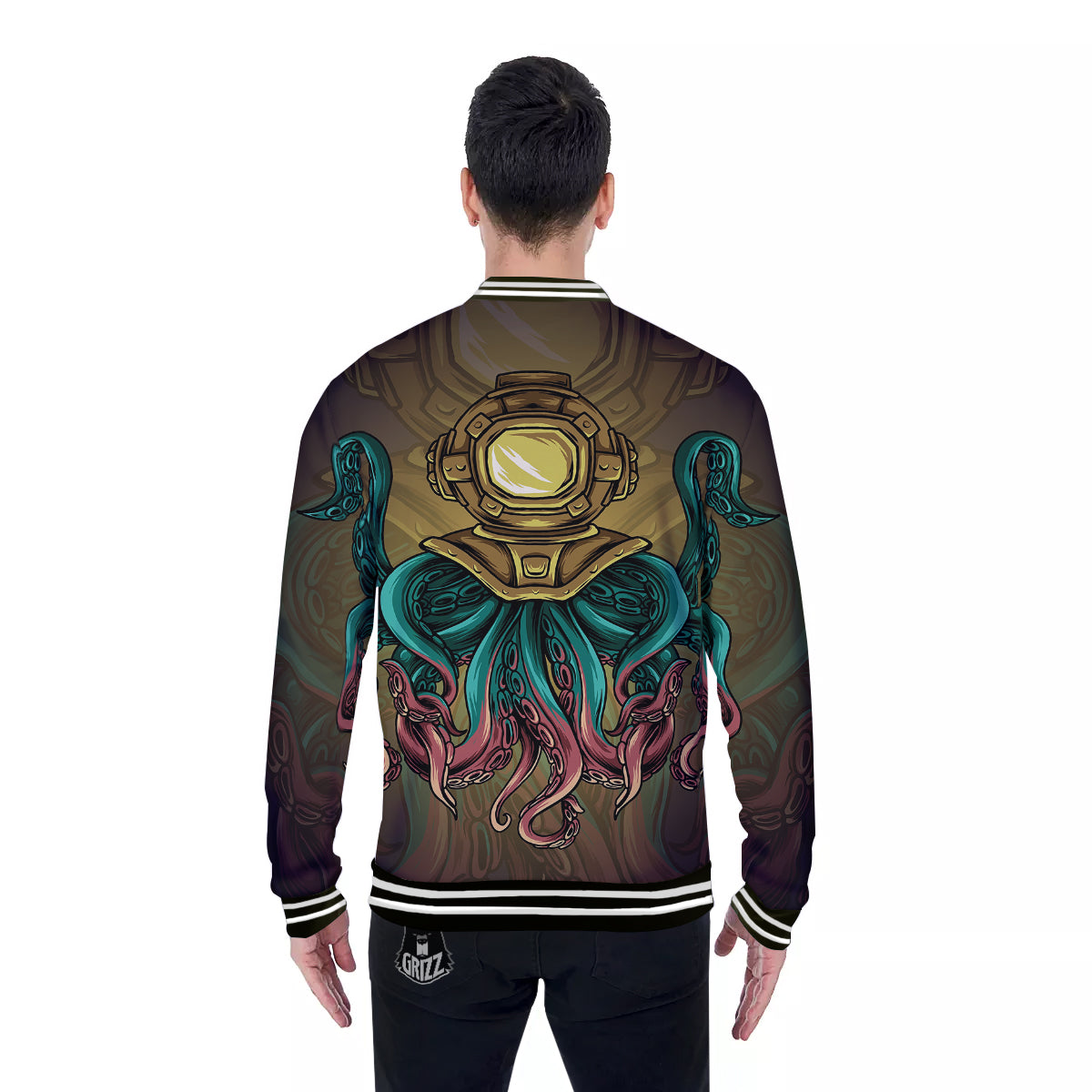 Octopus And Diving Helmet Print Baseball Jacket-grizzshop