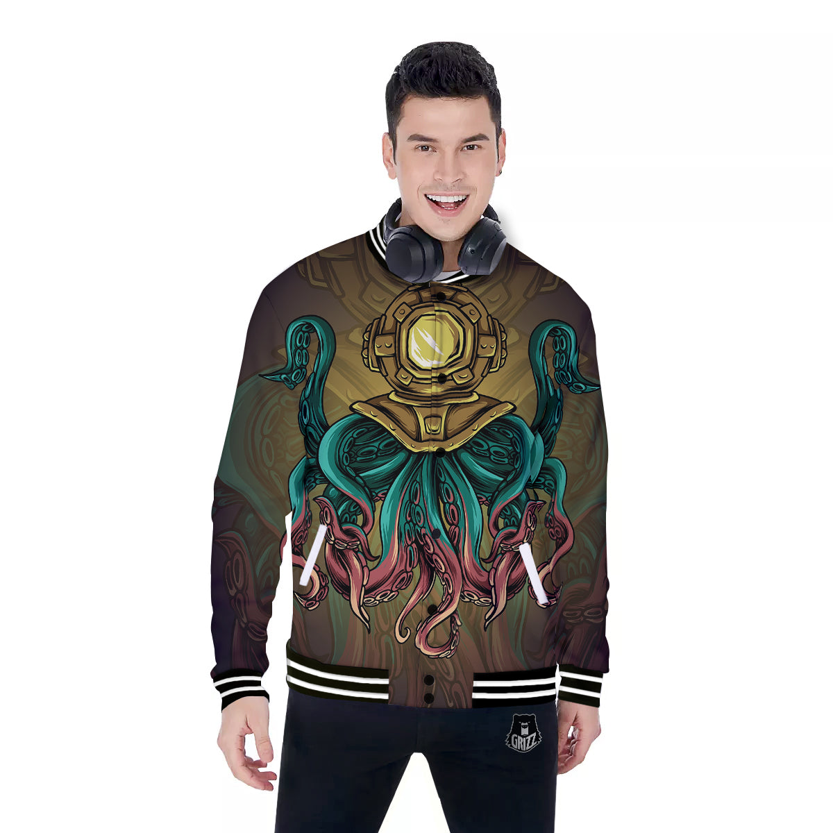 Octopus And Diving Helmet Print Baseball Jacket-grizzshop