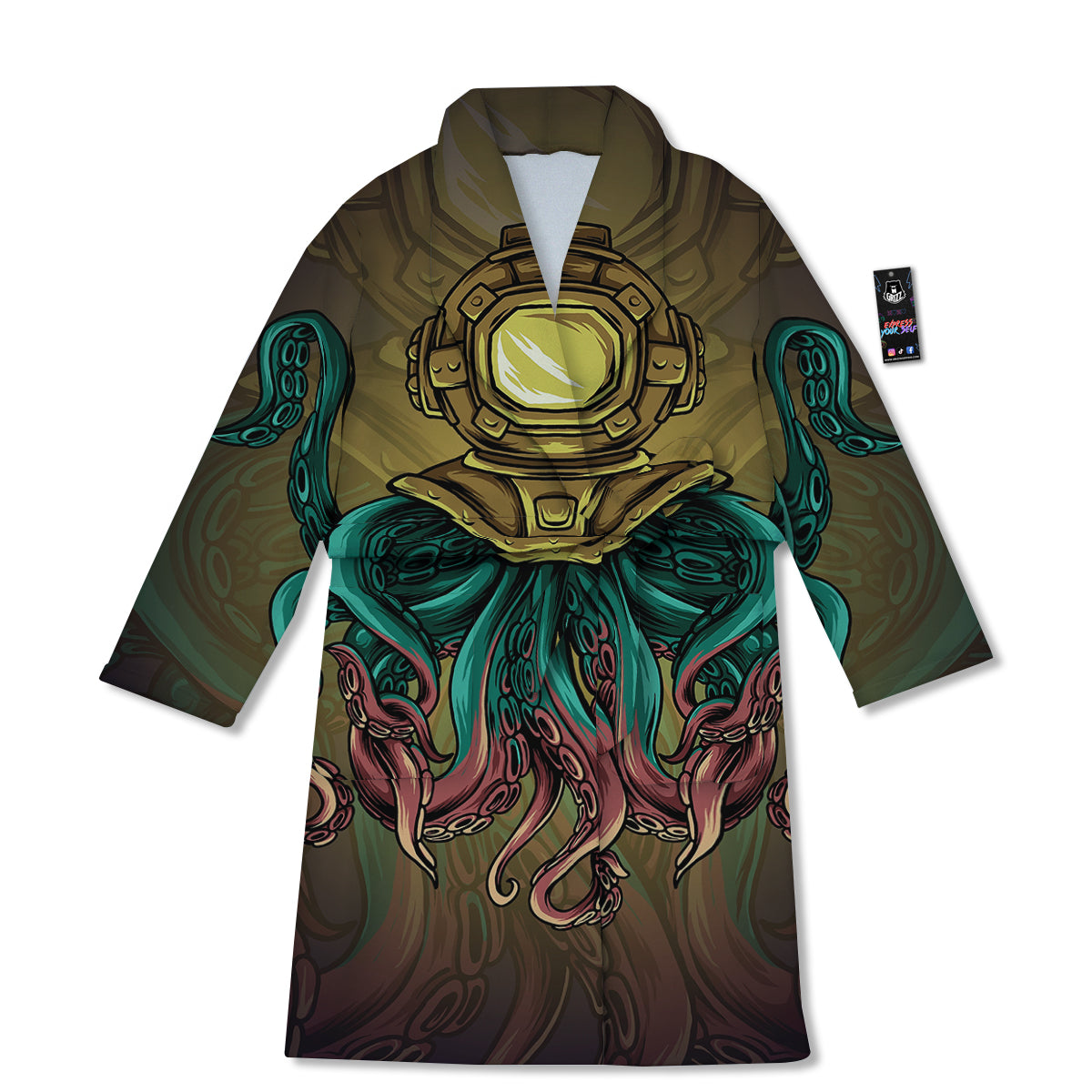 Octopus And Diving Helmet Print Bathrobe-grizzshop