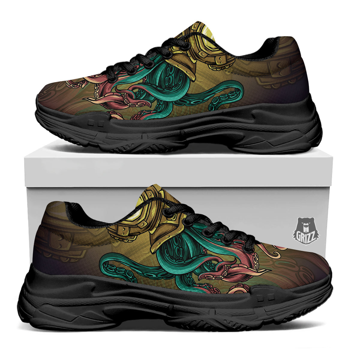 Octopus And Diving Helmet Print Black Chunky Shoes-grizzshop