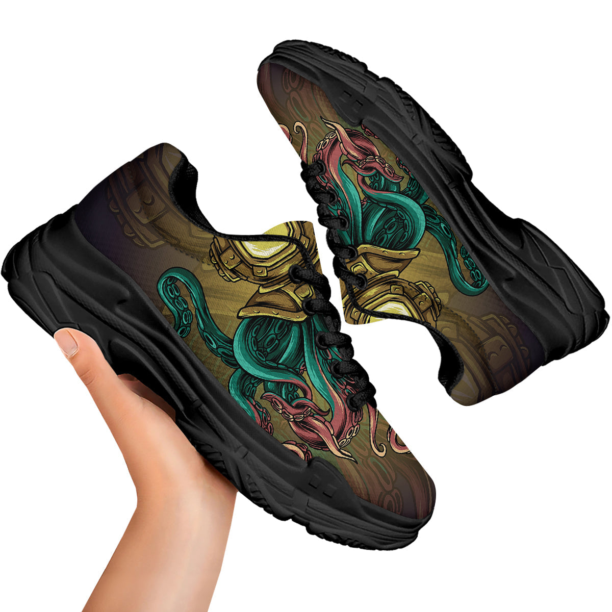 Octopus And Diving Helmet Print Black Chunky Shoes-grizzshop