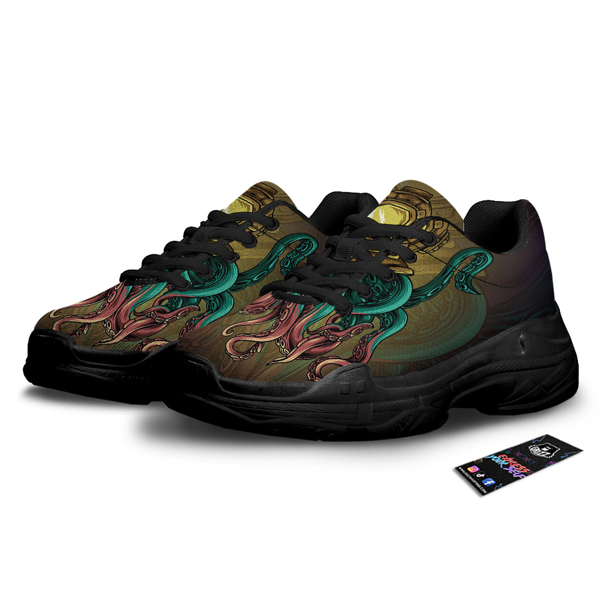 Octopus And Diving Helmet Print Black Chunky Shoes-grizzshop