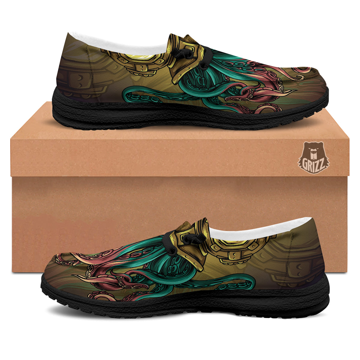 Octopus And Diving Helmet Print Black Loafers-grizzshop