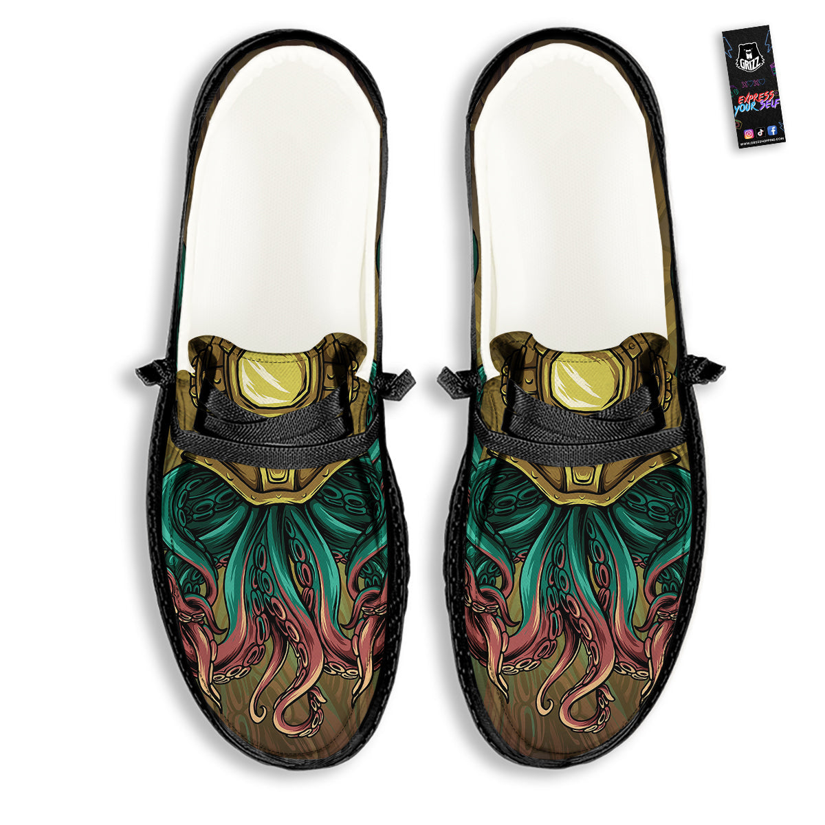 Octopus And Diving Helmet Print Black Loafers-grizzshop