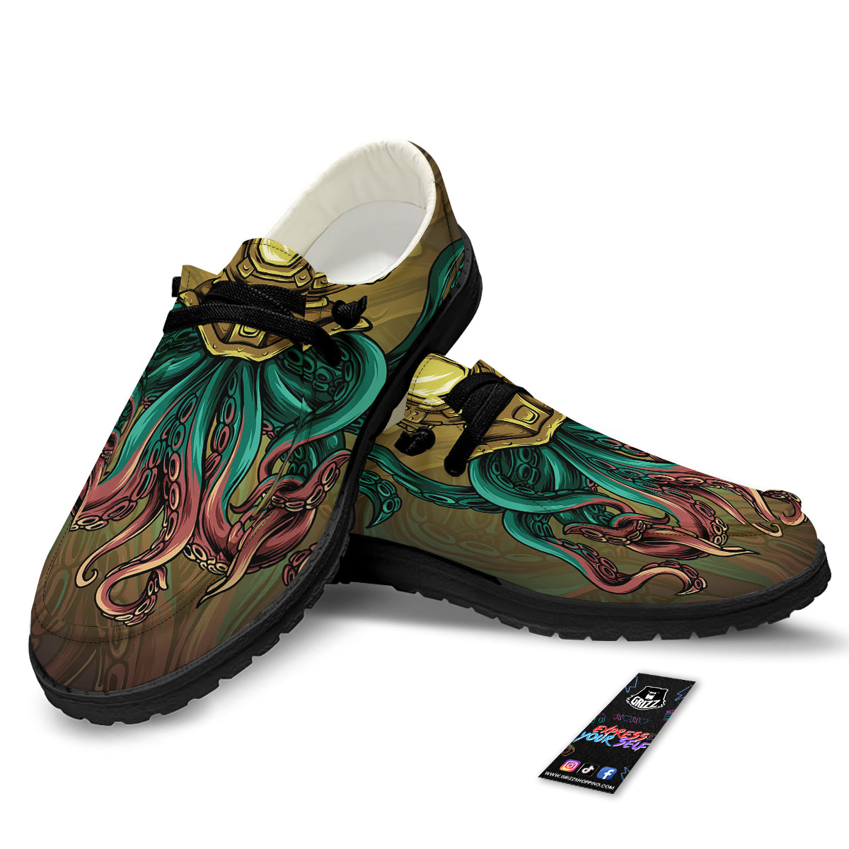 Octopus And Diving Helmet Print Black Loafers-grizzshop
