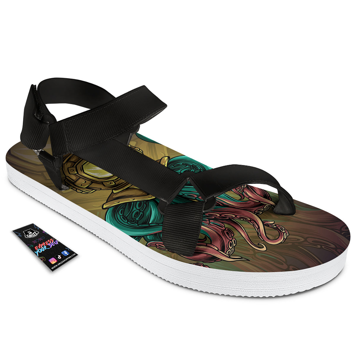 Octopus And Diving Helmet Print Black Open Toe Sandals-grizzshop