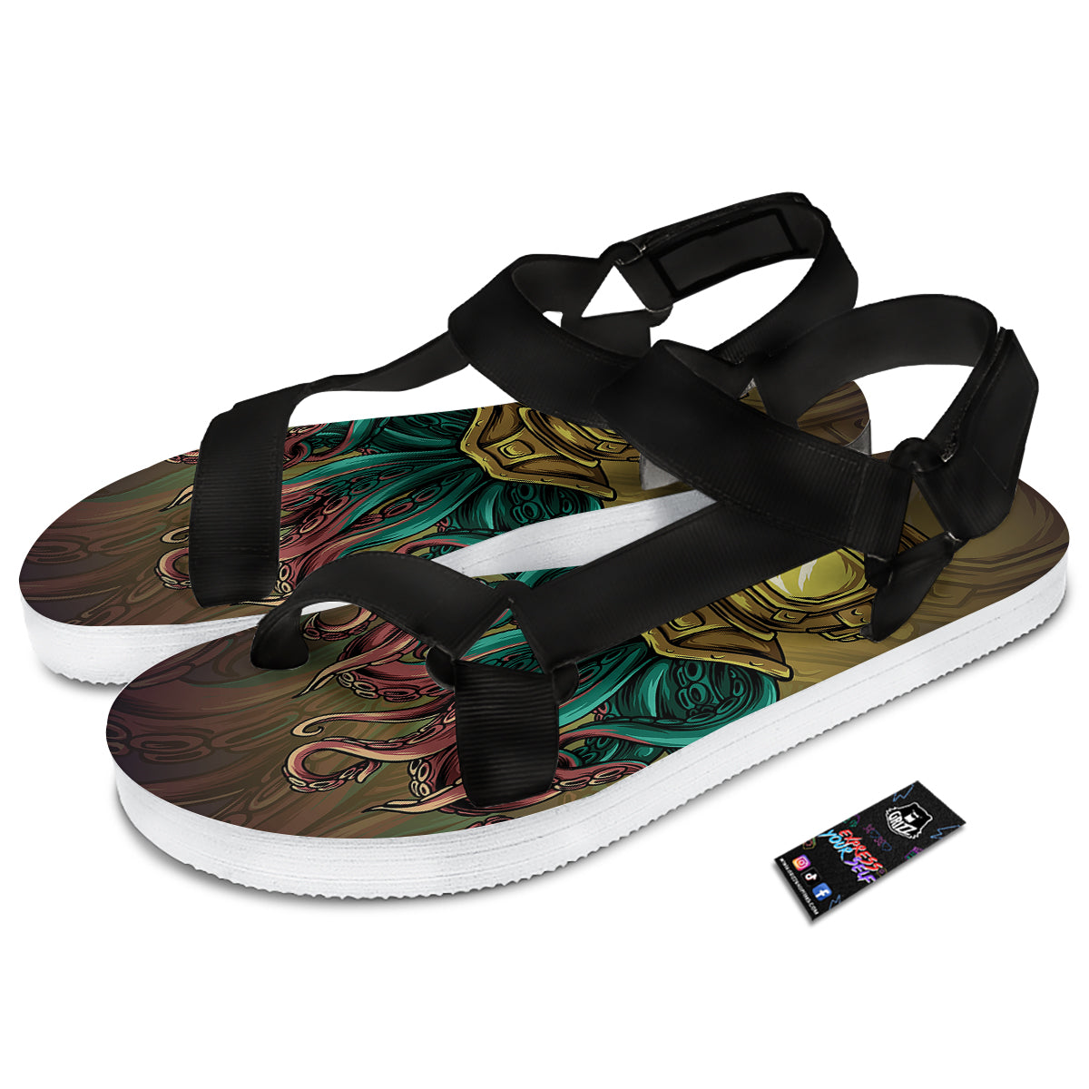 Octopus And Diving Helmet Print Black Open Toe Sandals-grizzshop