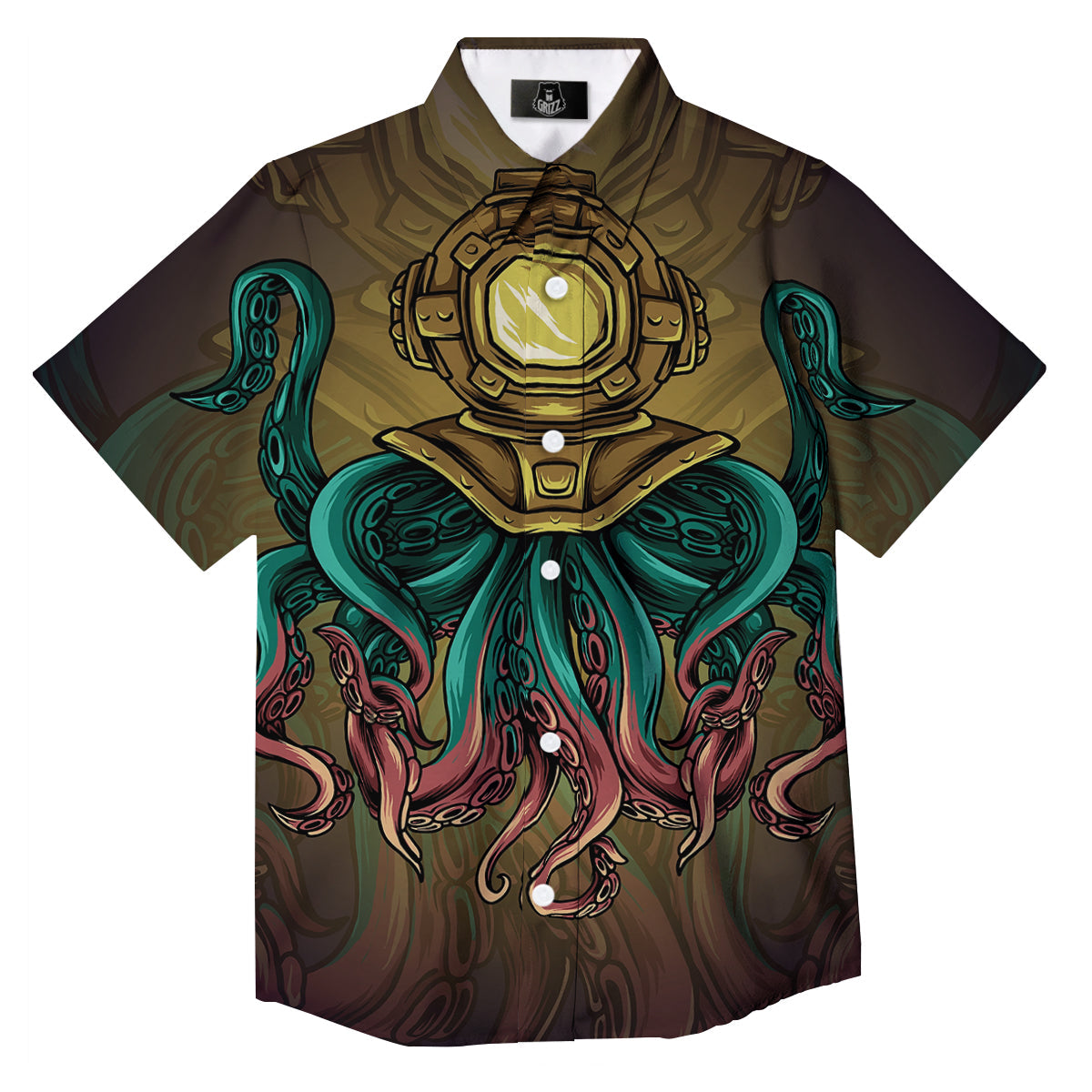 Octopus And Diving Helmet Print Button Up Shirt-grizzshop