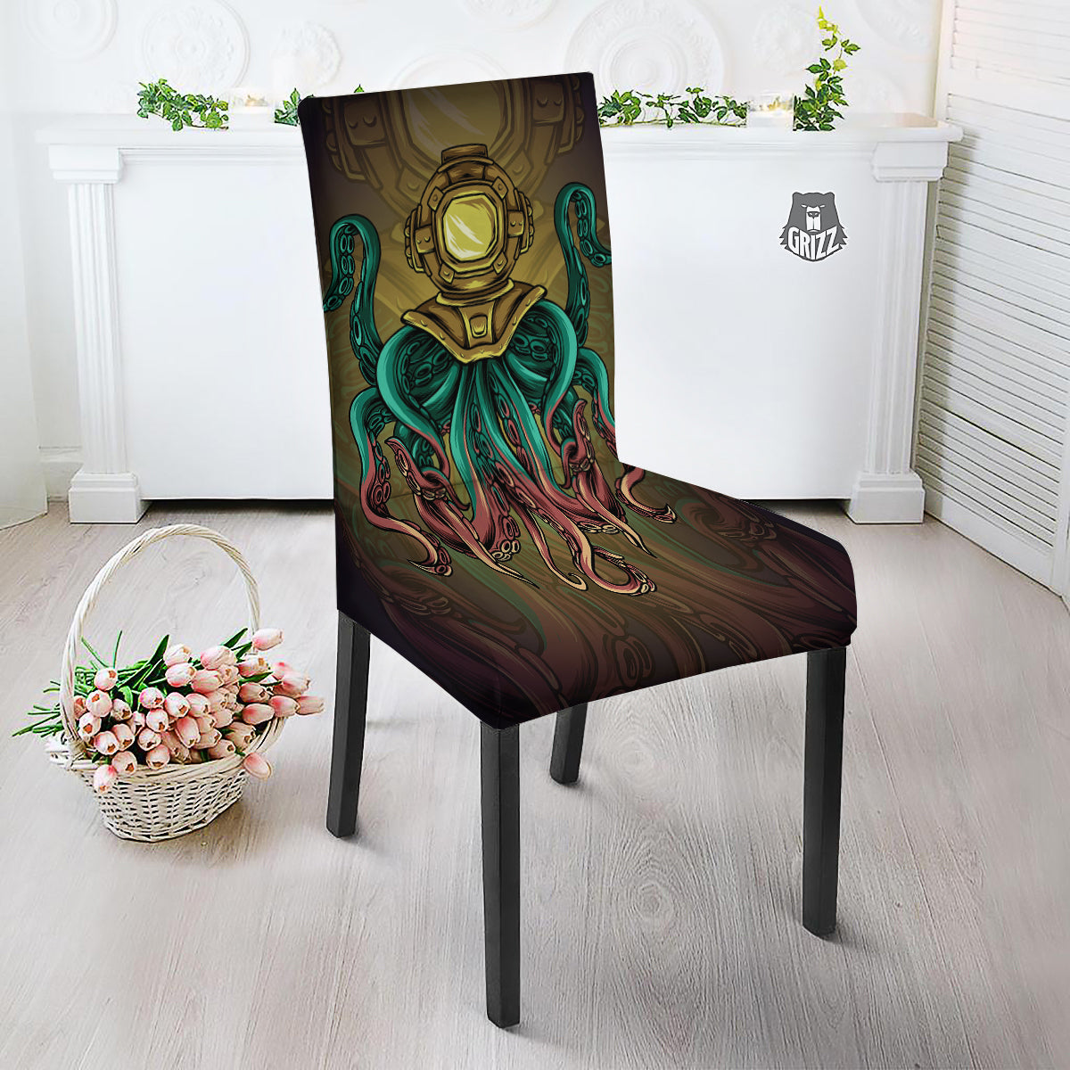 Octopus And Diving Helmet Print Dining Chair Slipcover-grizzshop