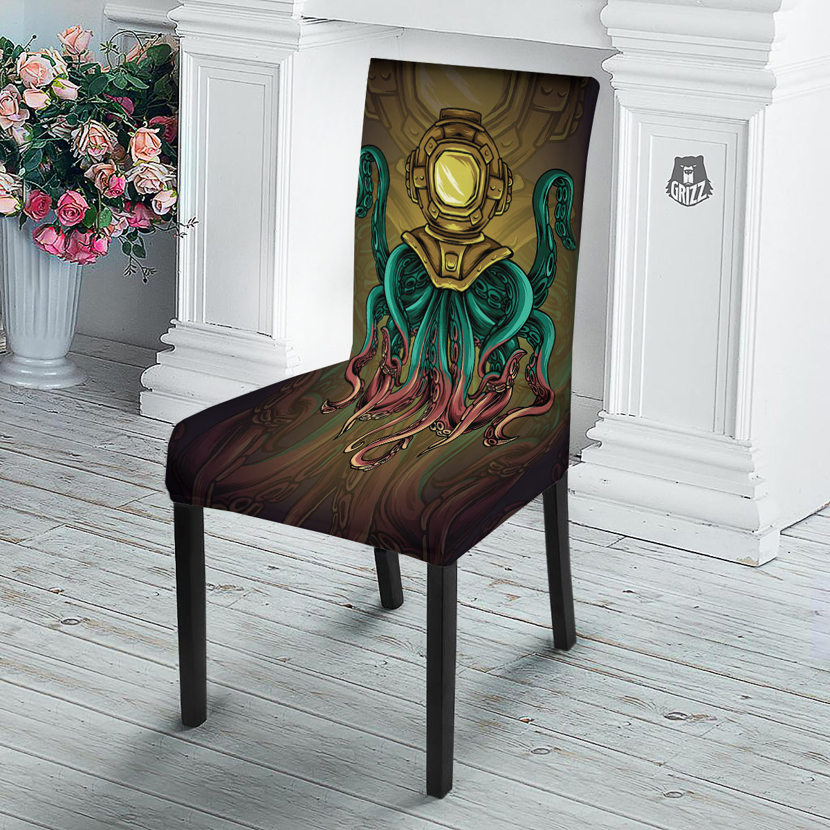 Octopus And Diving Helmet Print Dining Chair Slipcover-grizzshop
