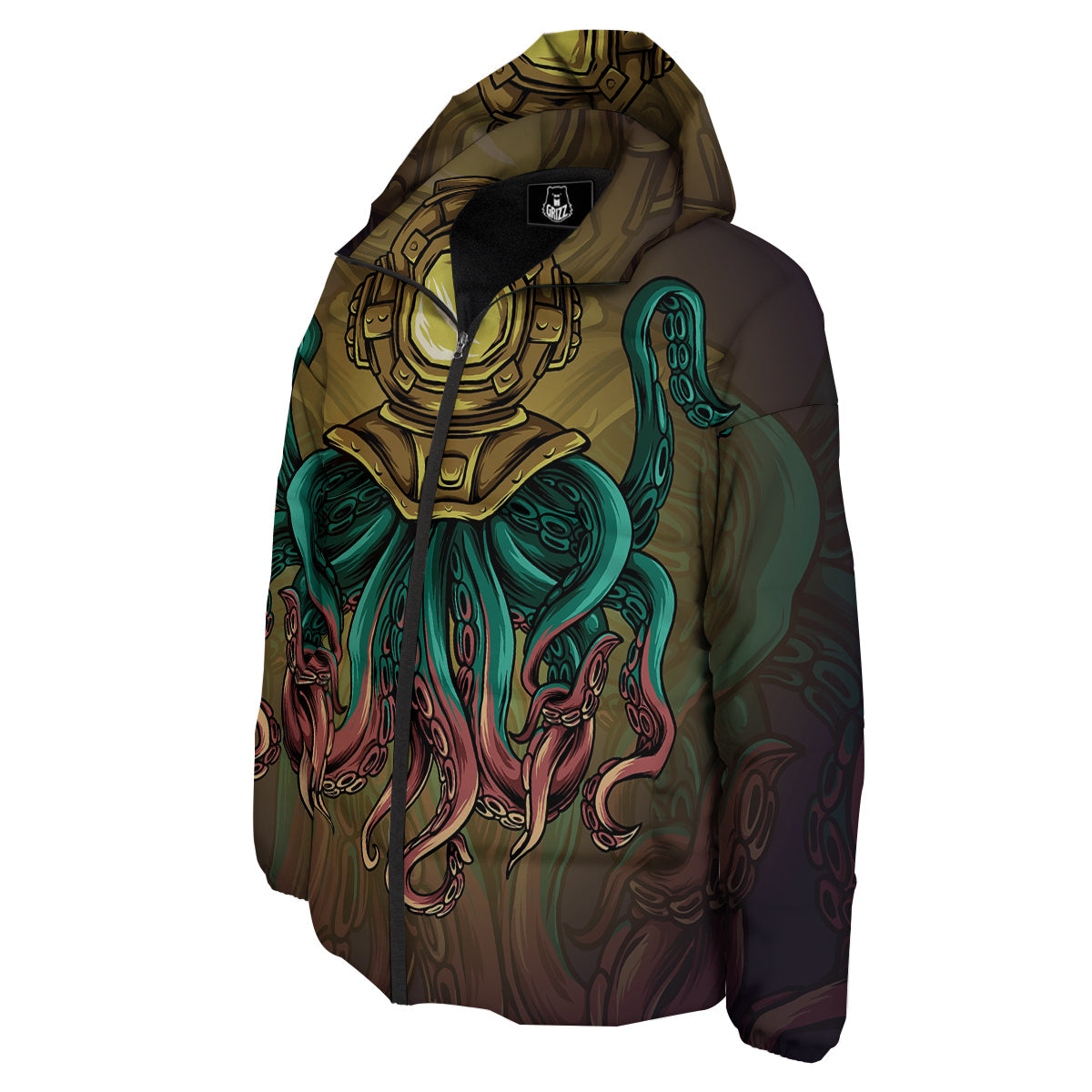 Octopus And Diving Helmet Print Down Jacket-grizzshop