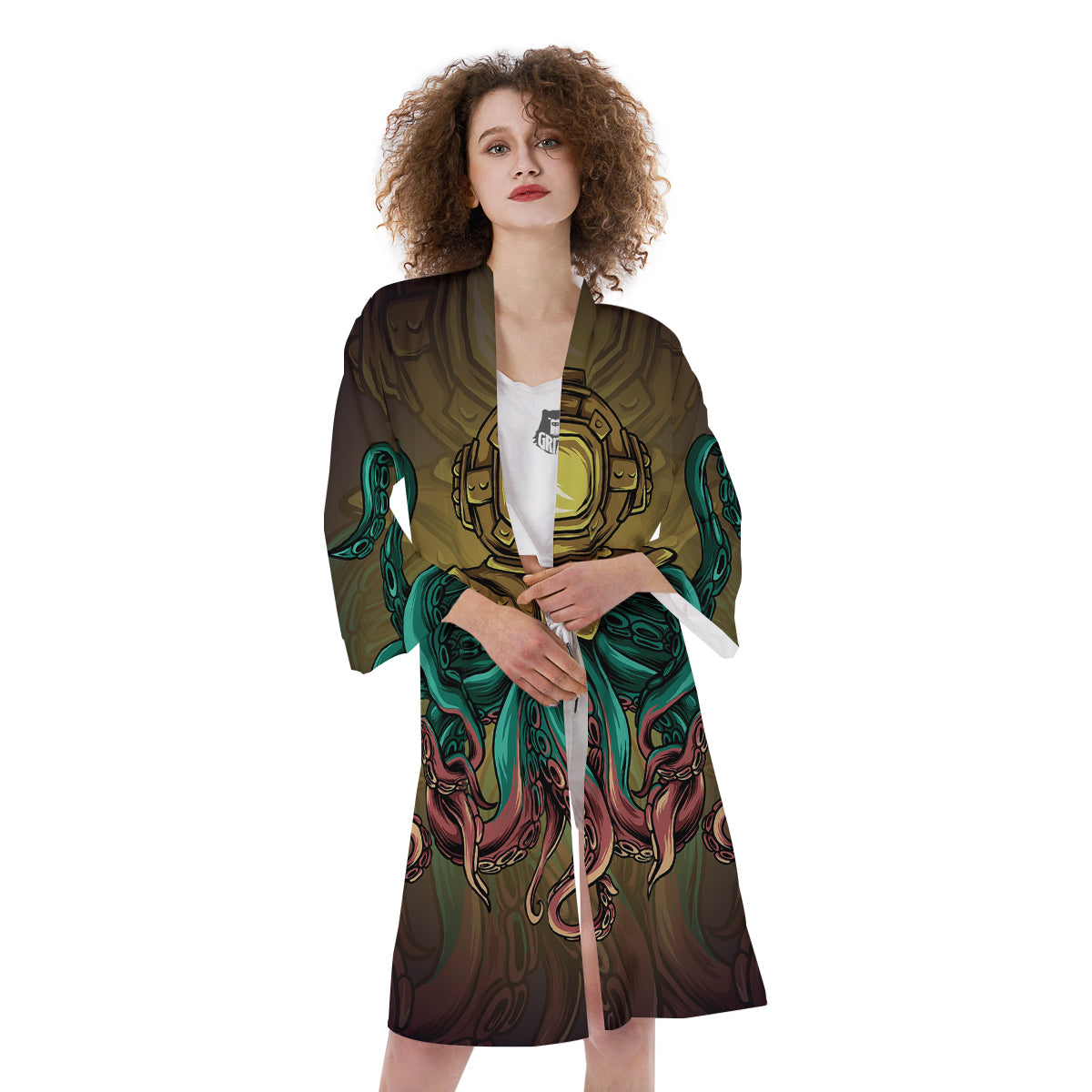 Octopus And Diving Helmet Print Kimono-grizzshop