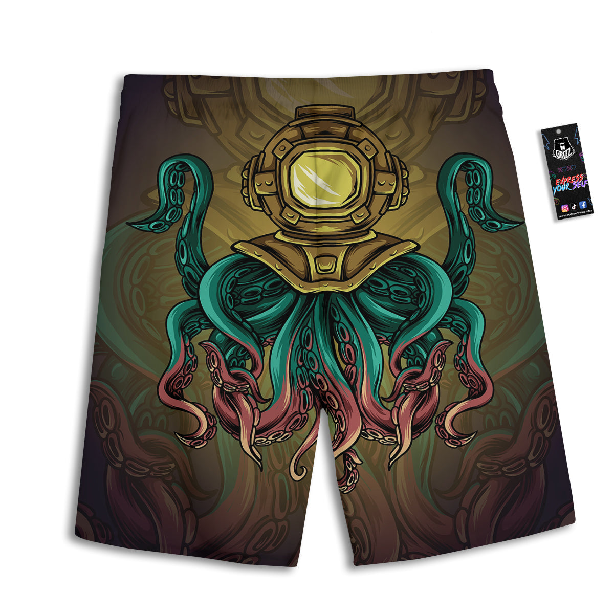 Octopus And Diving Helmet Print Men's Athletic Shorts