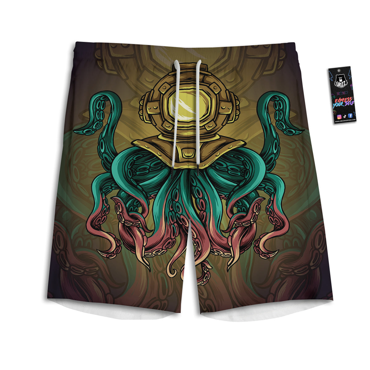 Octopus And Diving Helmet Print Men's Athletic Shorts