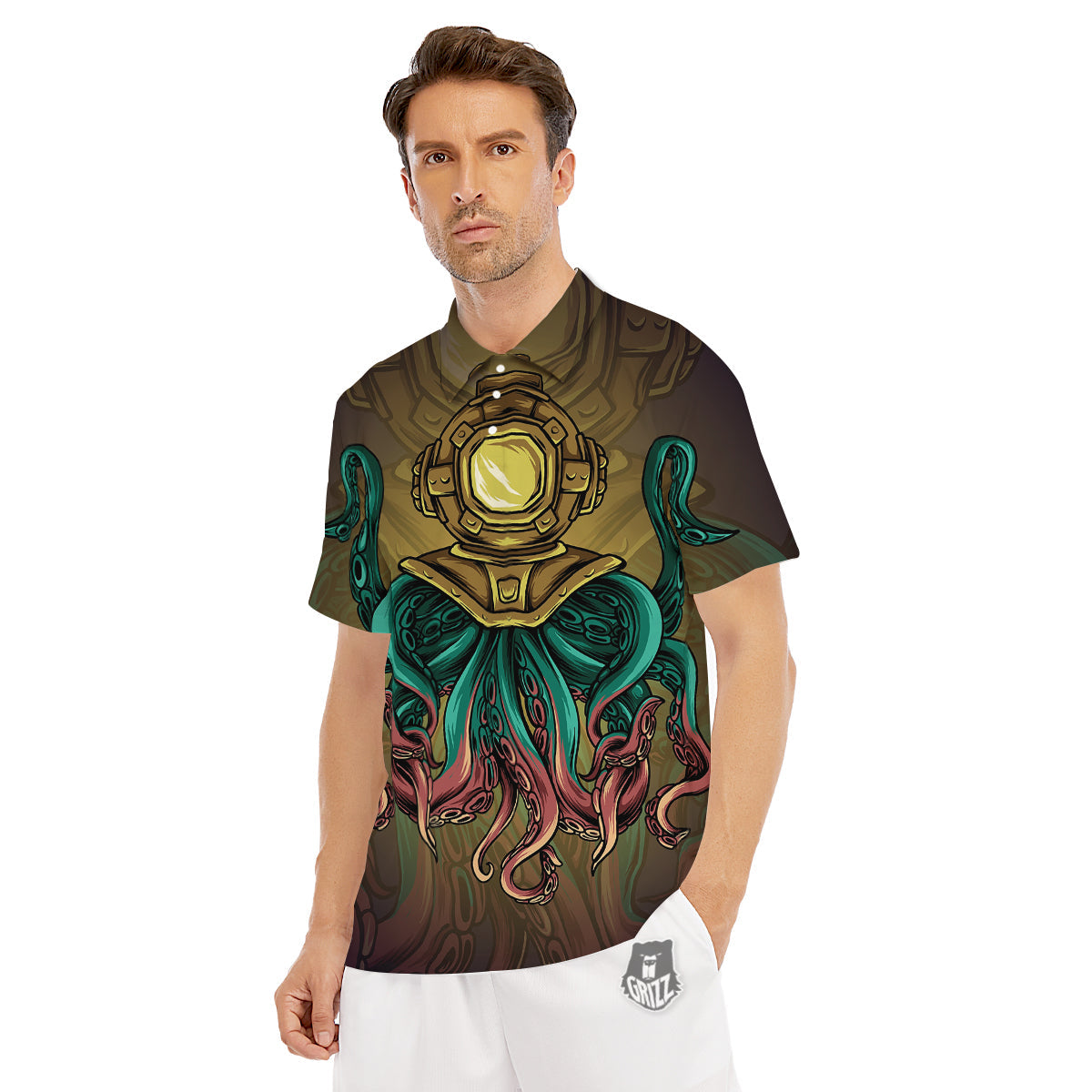 Octopus And Diving Helmet Print Men's Golf Shirts-grizzshop