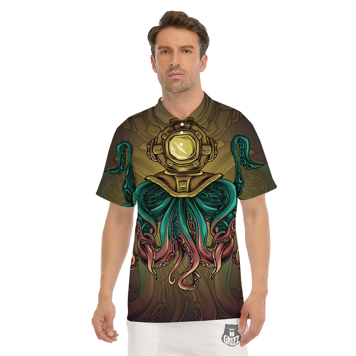 Octopus And Diving Helmet Print Men's Golf Shirts-grizzshop