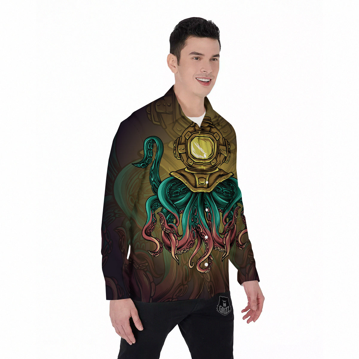 Octopus And Diving Helmet Print Men's Long Sleeve Shirts-grizzshop
