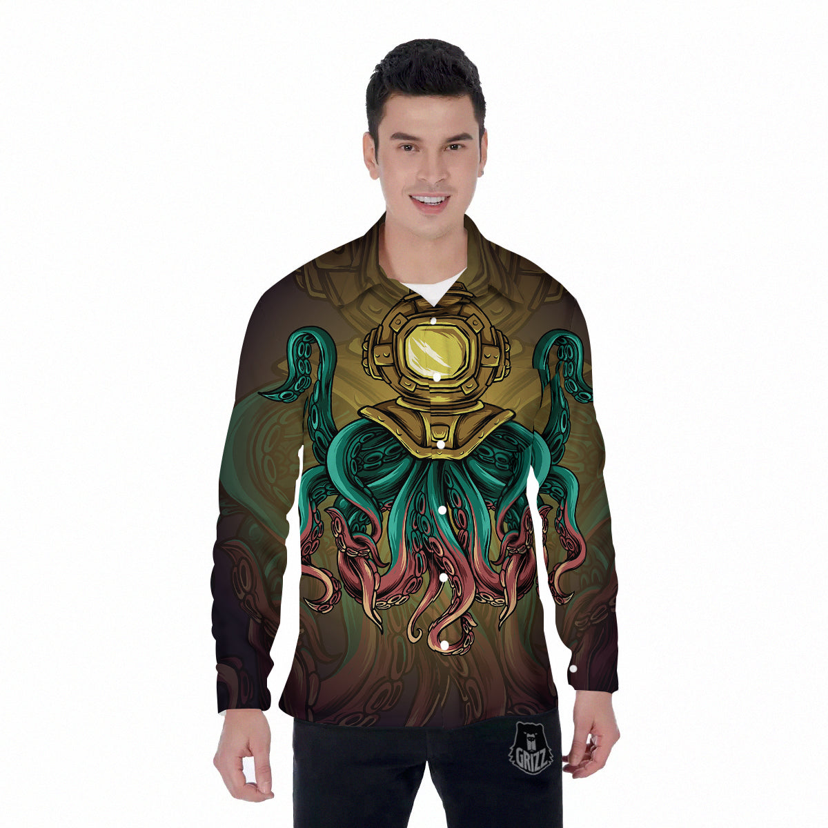 Octopus And Diving Helmet Print Men's Long Sleeve Shirts-grizzshop