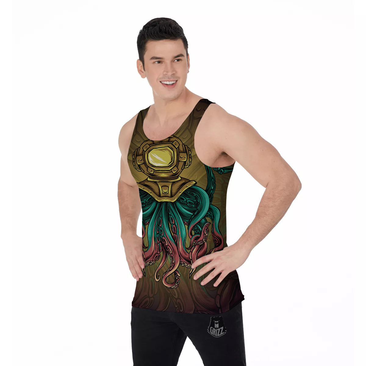 Octopus And Diving Helmet Print Men's Tank Top-grizzshop