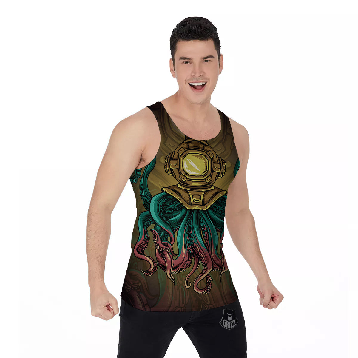 Octopus And Diving Helmet Print Men's Tank Top-grizzshop