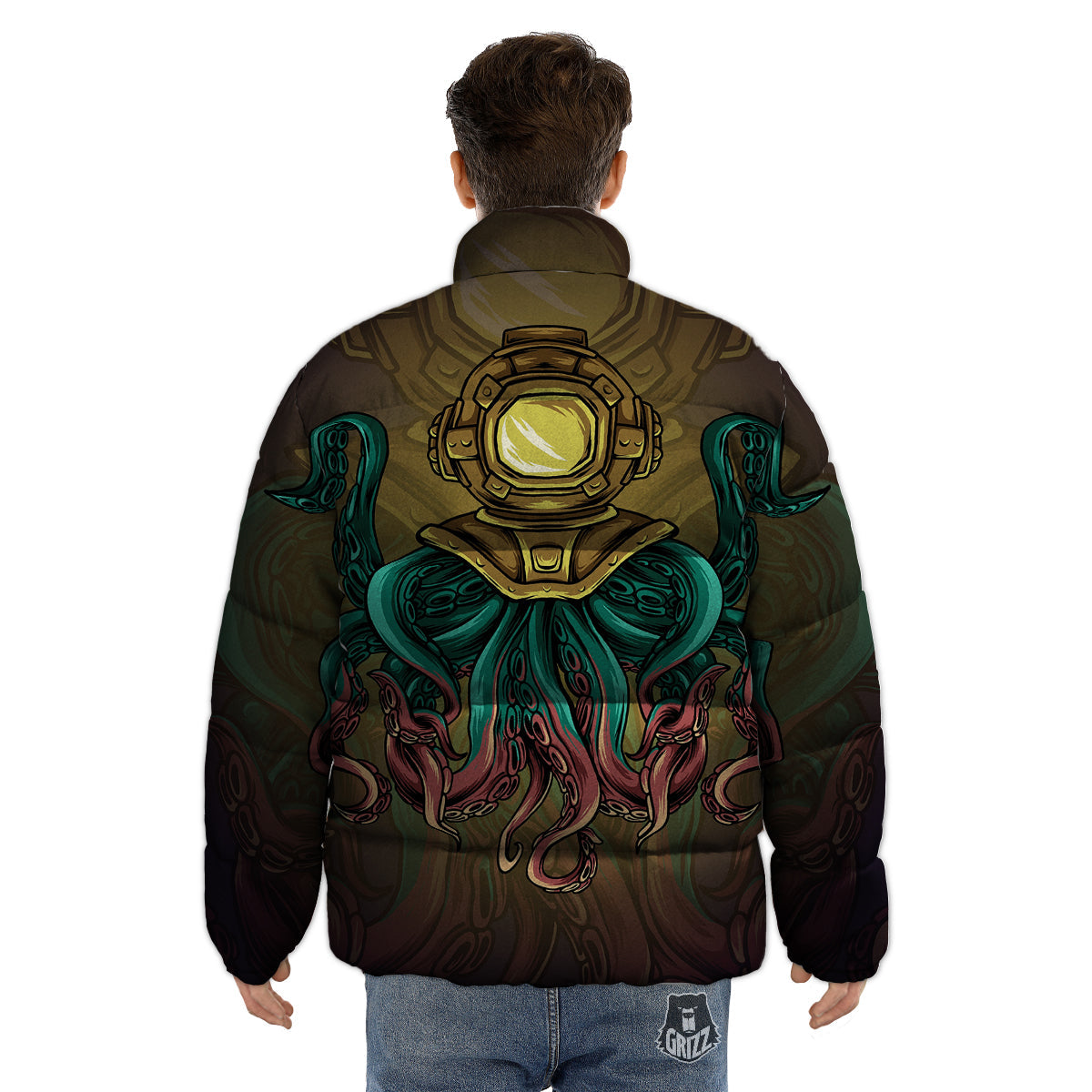 Octopus And Diving Helmet Print Puffer Jacket-grizzshop