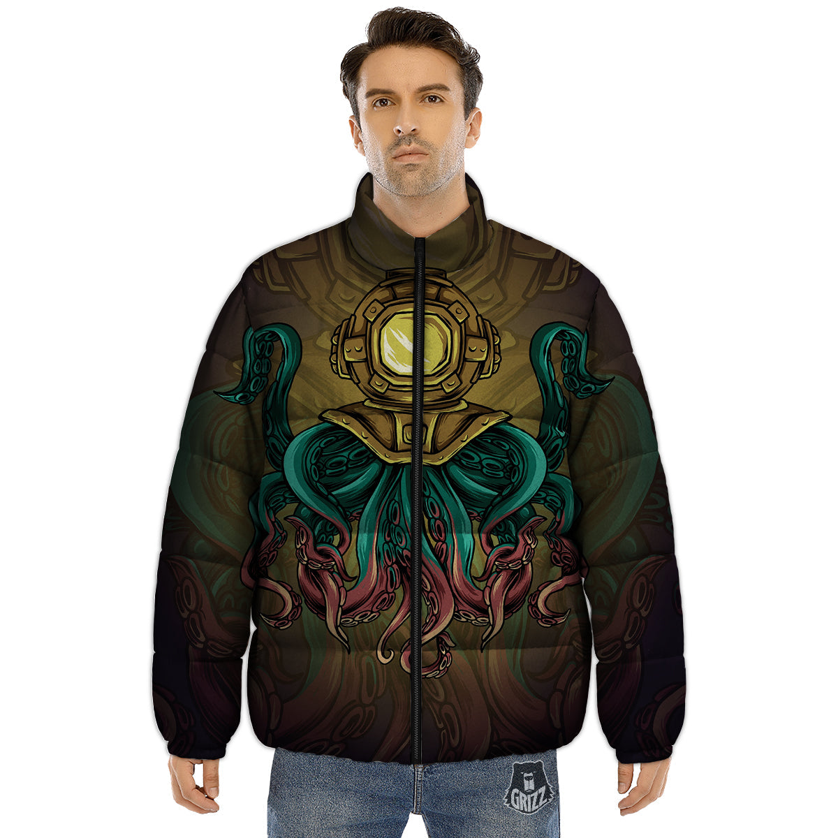 Octopus And Diving Helmet Print Puffer Jacket-grizzshop