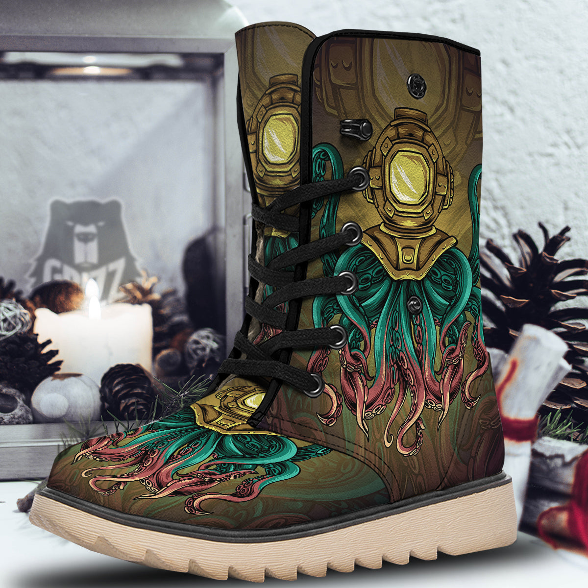Octopus And Diving Helmet Print Snow Boots-grizzshop