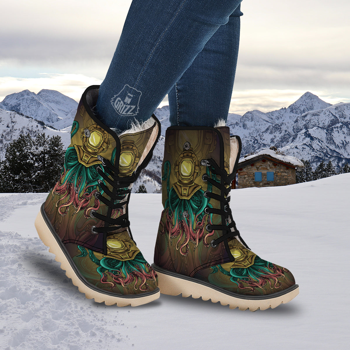 Octopus And Diving Helmet Print Snow Boots-grizzshop