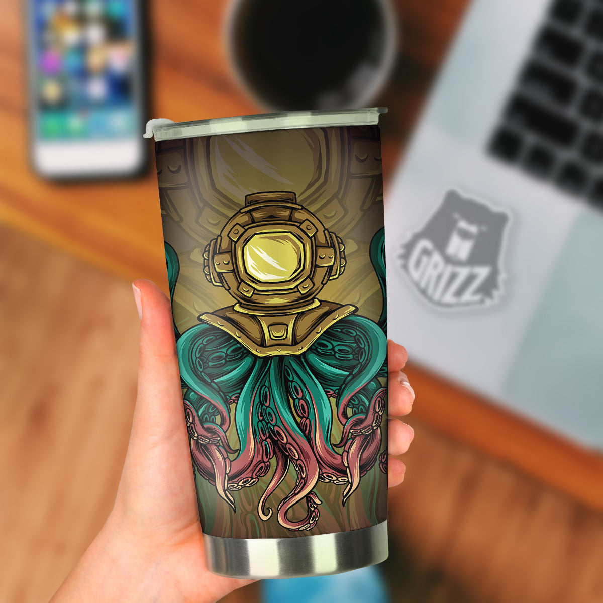 Octopus And Diving Helmet Print Tumbler-grizzshop